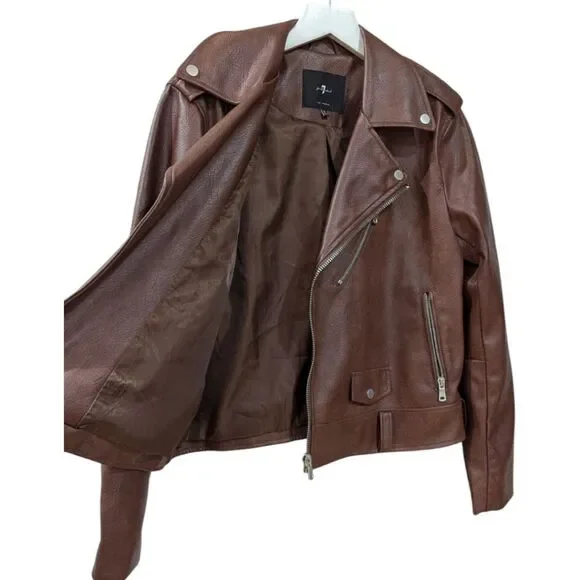 7 For All Mankind Women's M Brown Faux Leather Moto Jacket